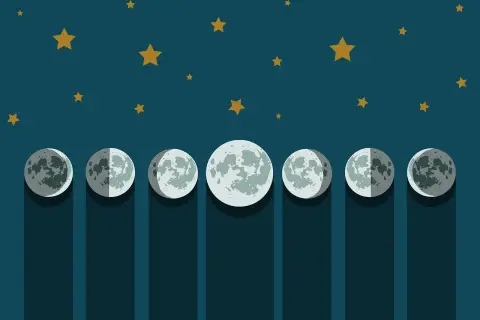 Ilustracja przedstawiająca fazy księżyca na tle nocnego nieba z gwiazdami.