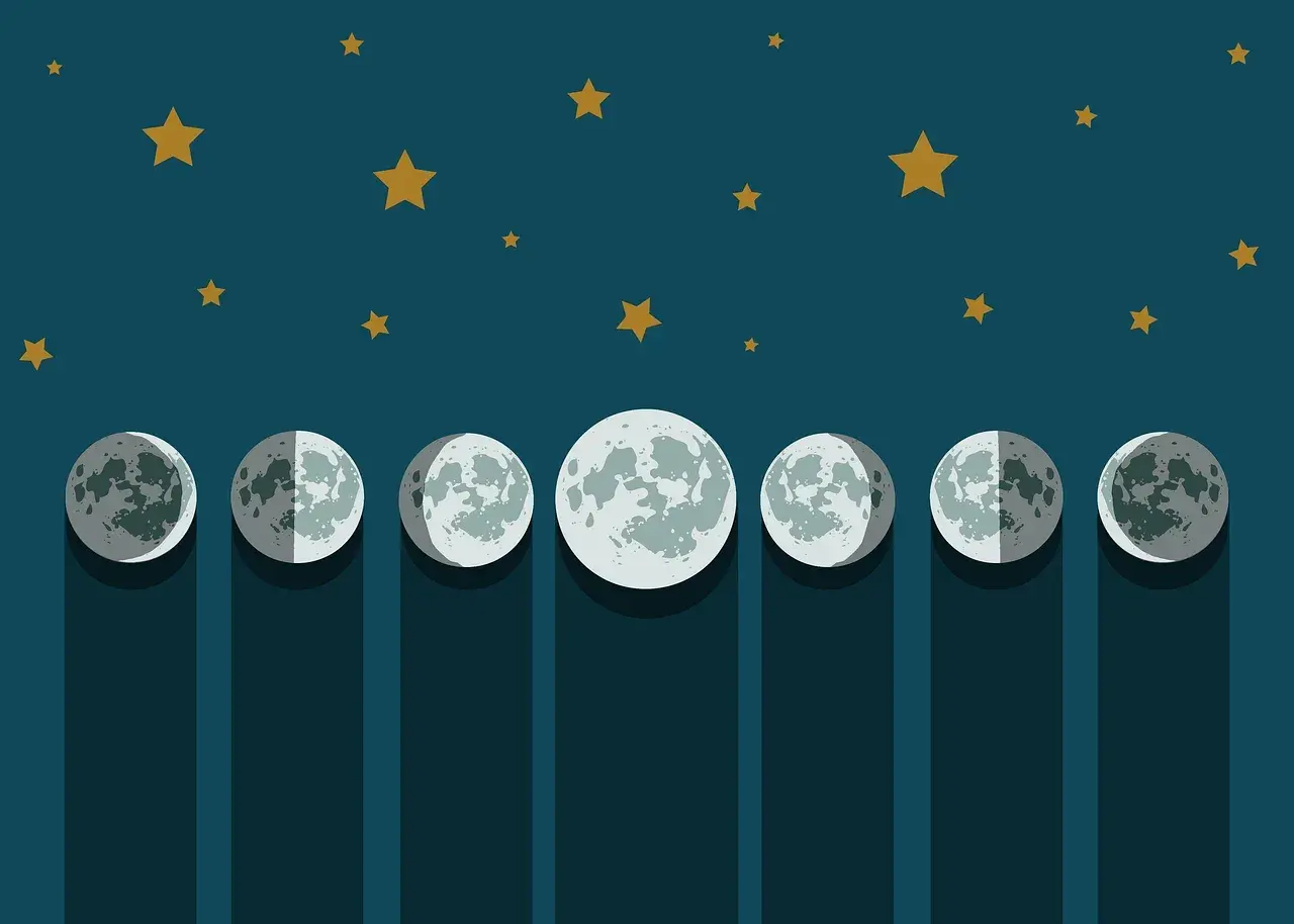 Ilustracja przedstawiająca fazy księżyca na tle nocnego nieba z gwiazdami.